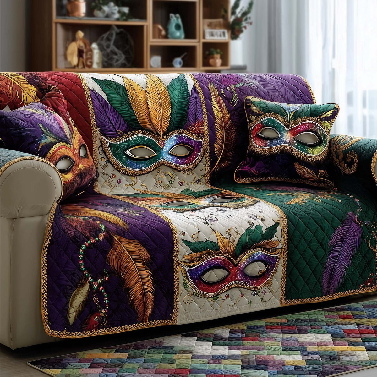 Feathered Carnival Masks in Purple and Green Sofa Cover
