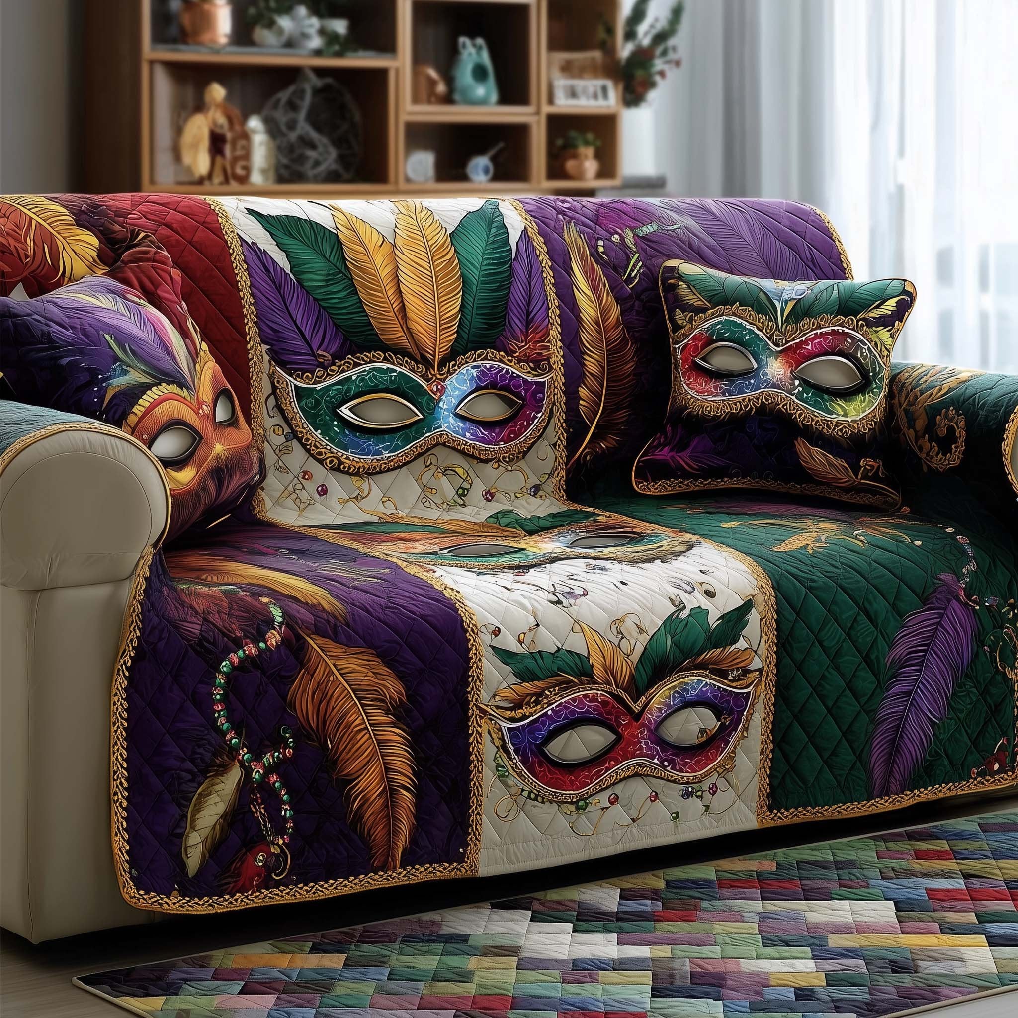 Feathered Carnival Masks in Purple and Green Sofa Cover