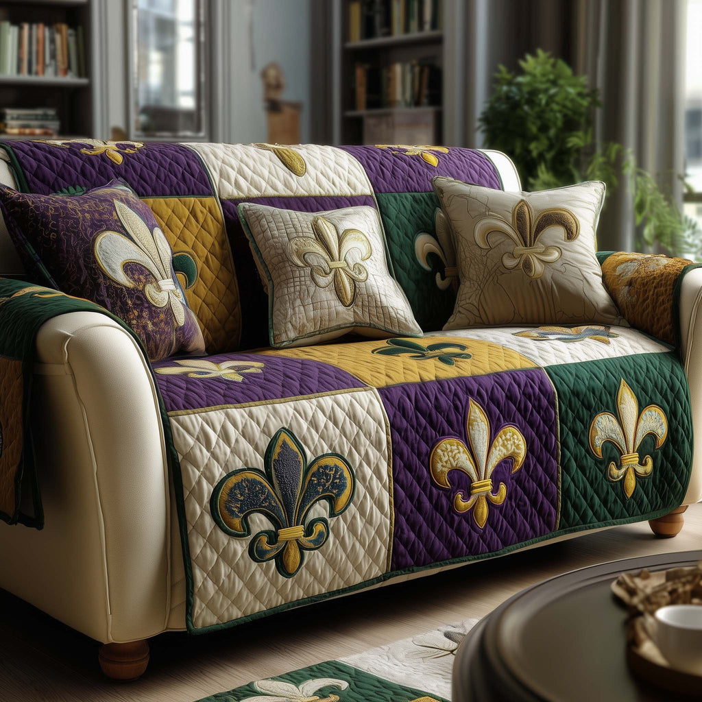 Fleur de Lis Patchwork in Purple and Gold Sofa Cover