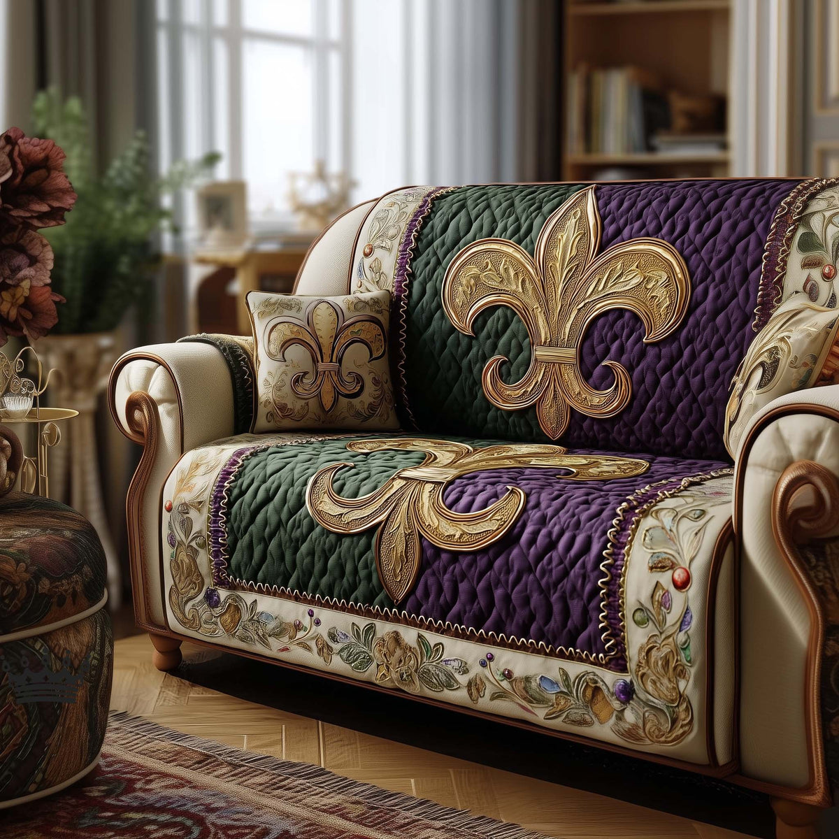 Fleur de Lis on Cream and Sage Blocks Sofa Cover