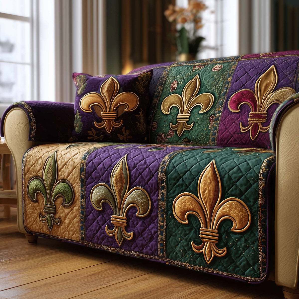 Large Gold Fleur de Lis on Deep Purple Sofa Cover