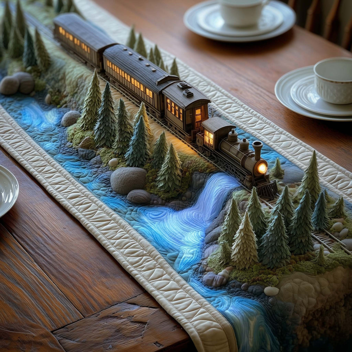 Train Along a River Through Pines Table Runner