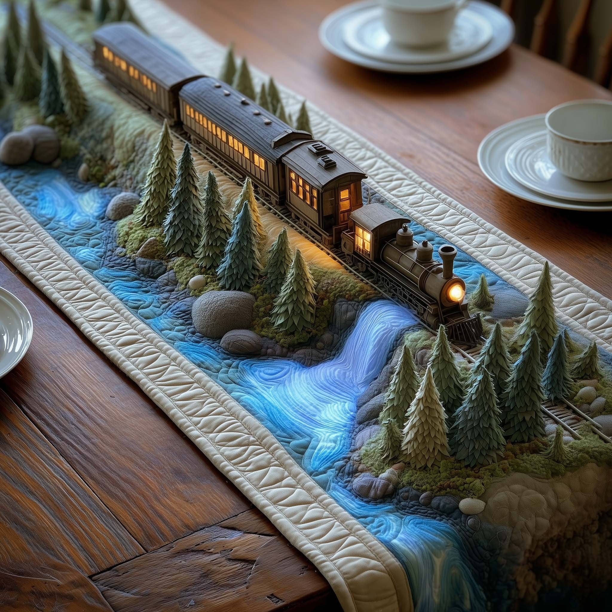 Train Along a River Through Pines Table Runner