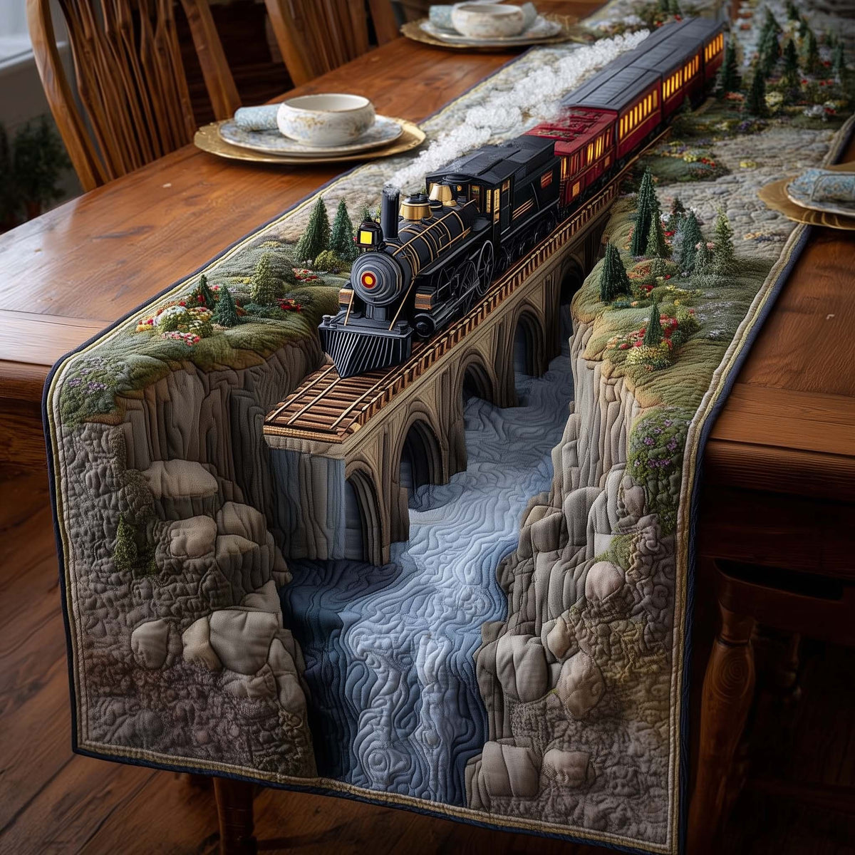 Train on Stone Bridge Over Gorge Table Runner