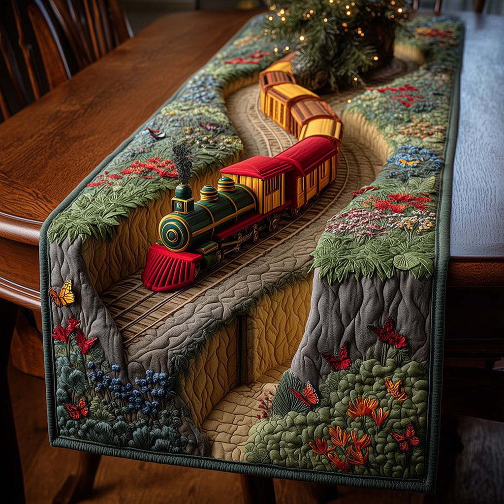 Green Train on Winding Mountain Track Table Runner
