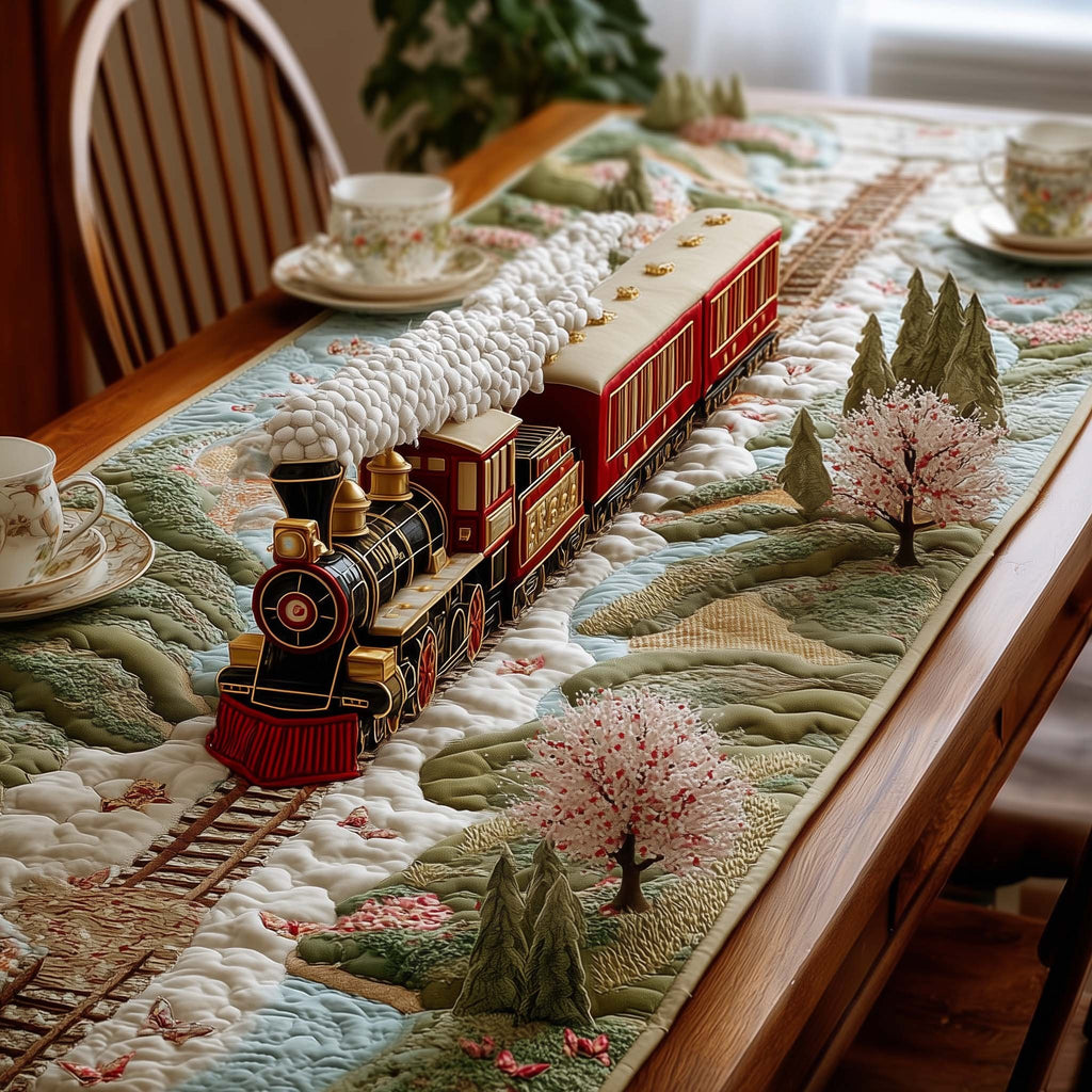 Red Train Through Blossom Trees Table Runner