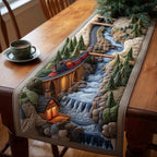 Train Past Cabin and Waterfall Table Runner