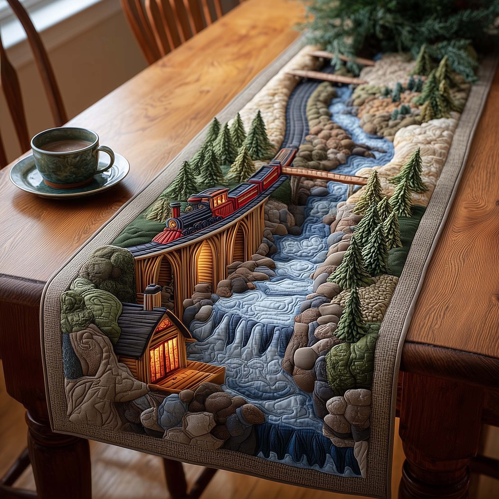 Train Past Cabin and Waterfall Table Runner
