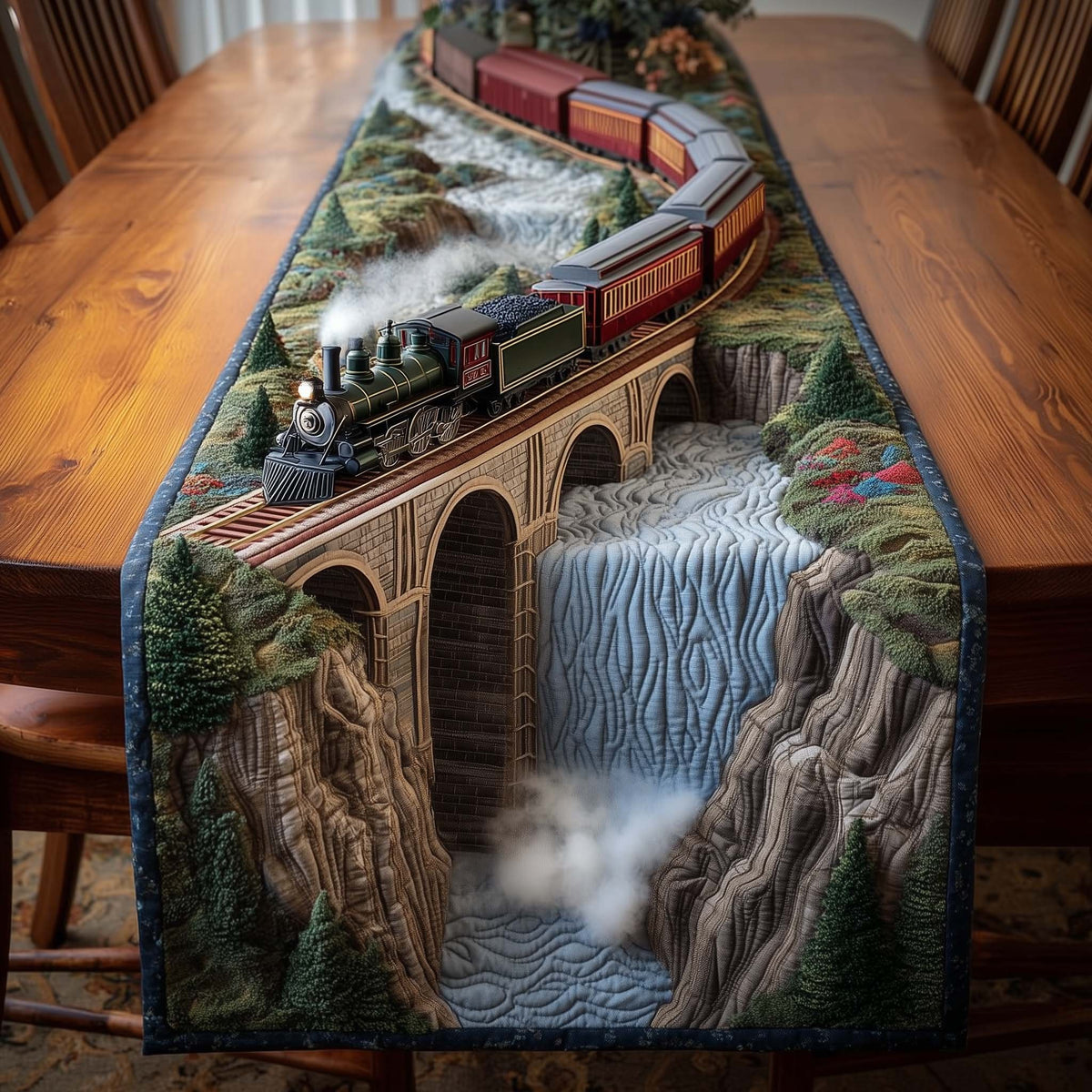 Train Crossing Above a Waterfall Table Runner