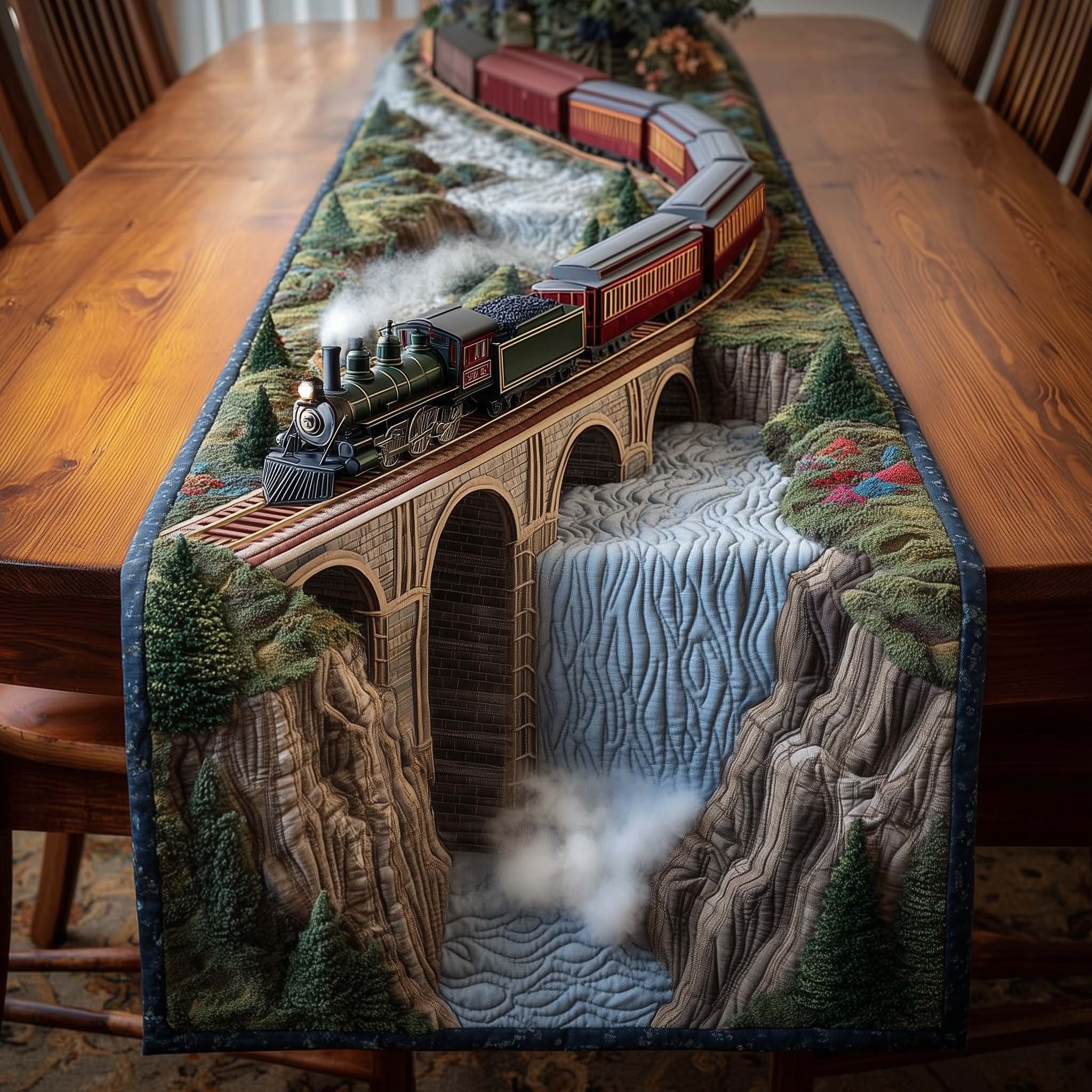 Train Crossing Above a Waterfall Table Runner