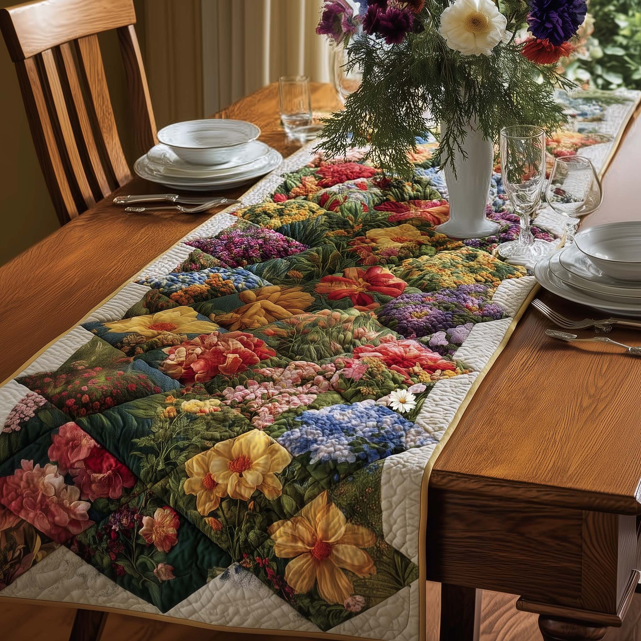 Patchwork Garden of Summer Blooms Table Runner
