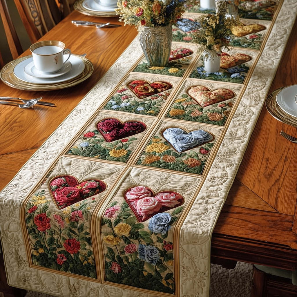 Floral Heart Blocks on Cream Table Runner