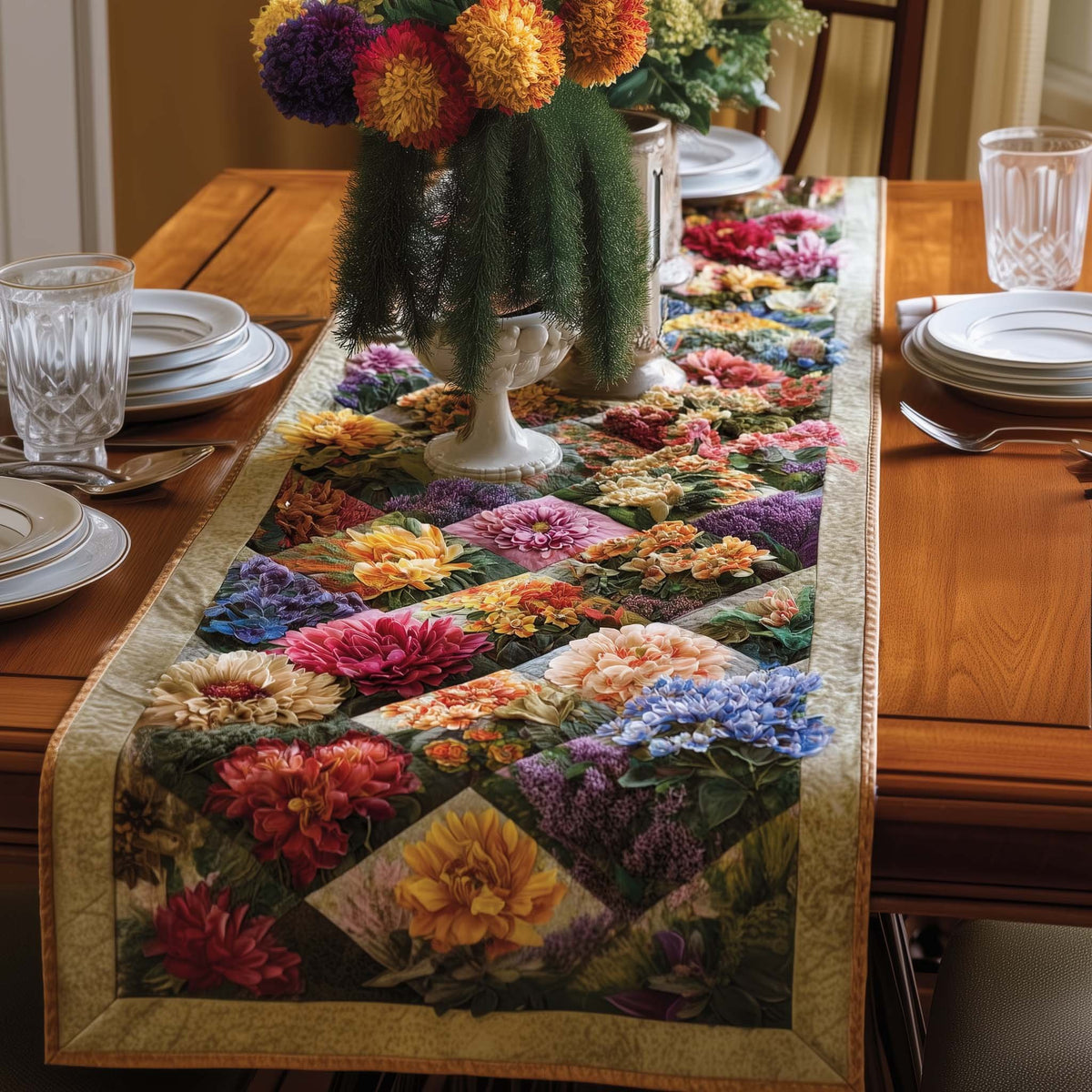 Diamond Patchwork of Garden Flowers Table Runner