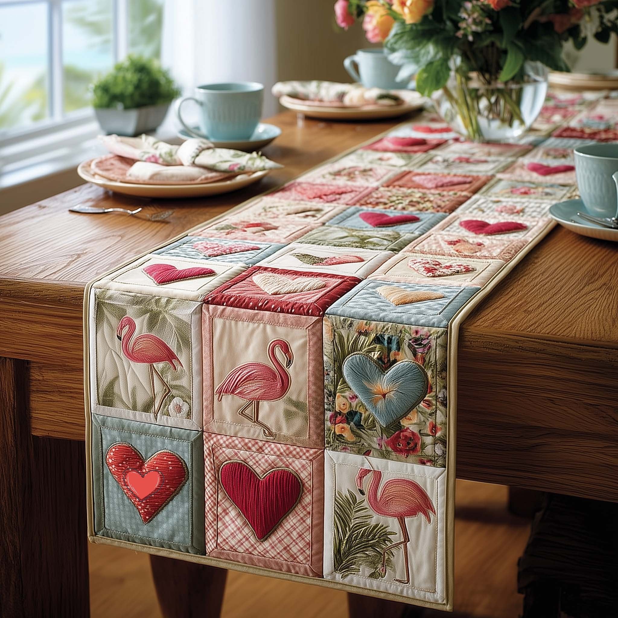 Flamingos and Hearts in Blocks Table Runner