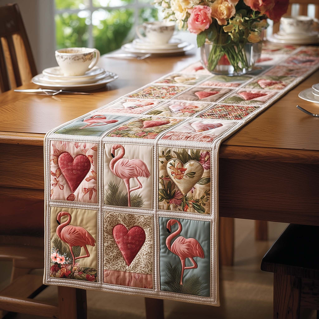 Flamingos with Hearts and Flowers Table Runner