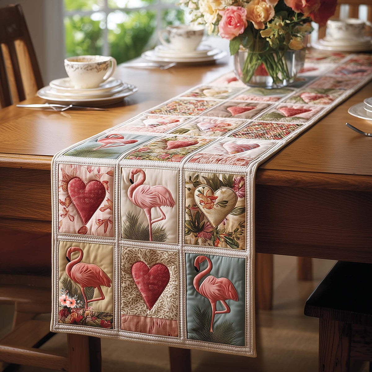 Flamingos with Hearts and Flowers Table Runner