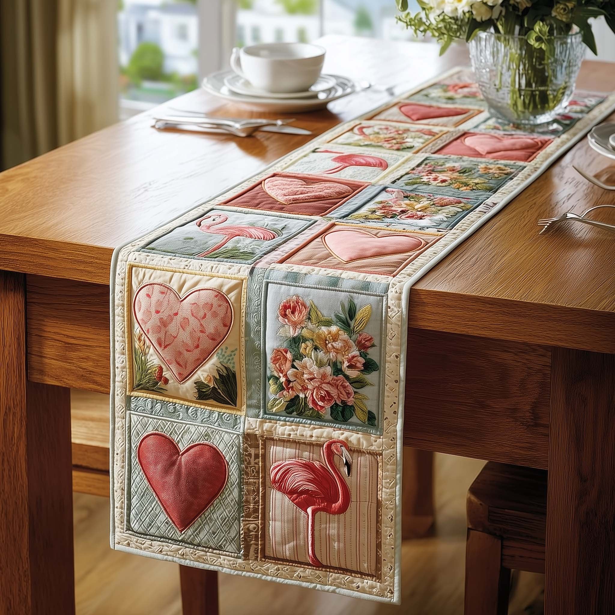 Pink Hearts and Flamingo Blocks Table Runner