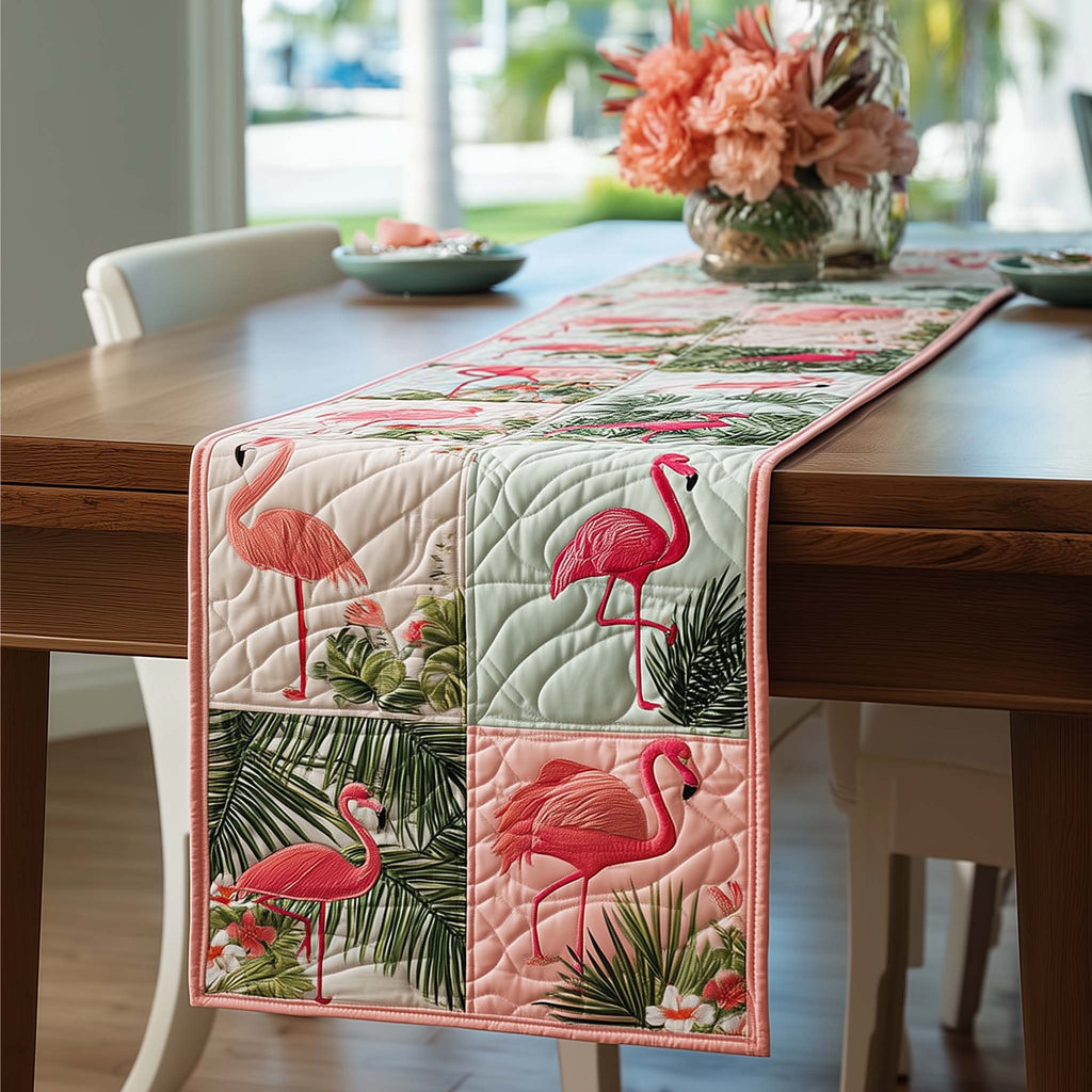 Flamingos with Palm Leaves on Pink Table Runner
