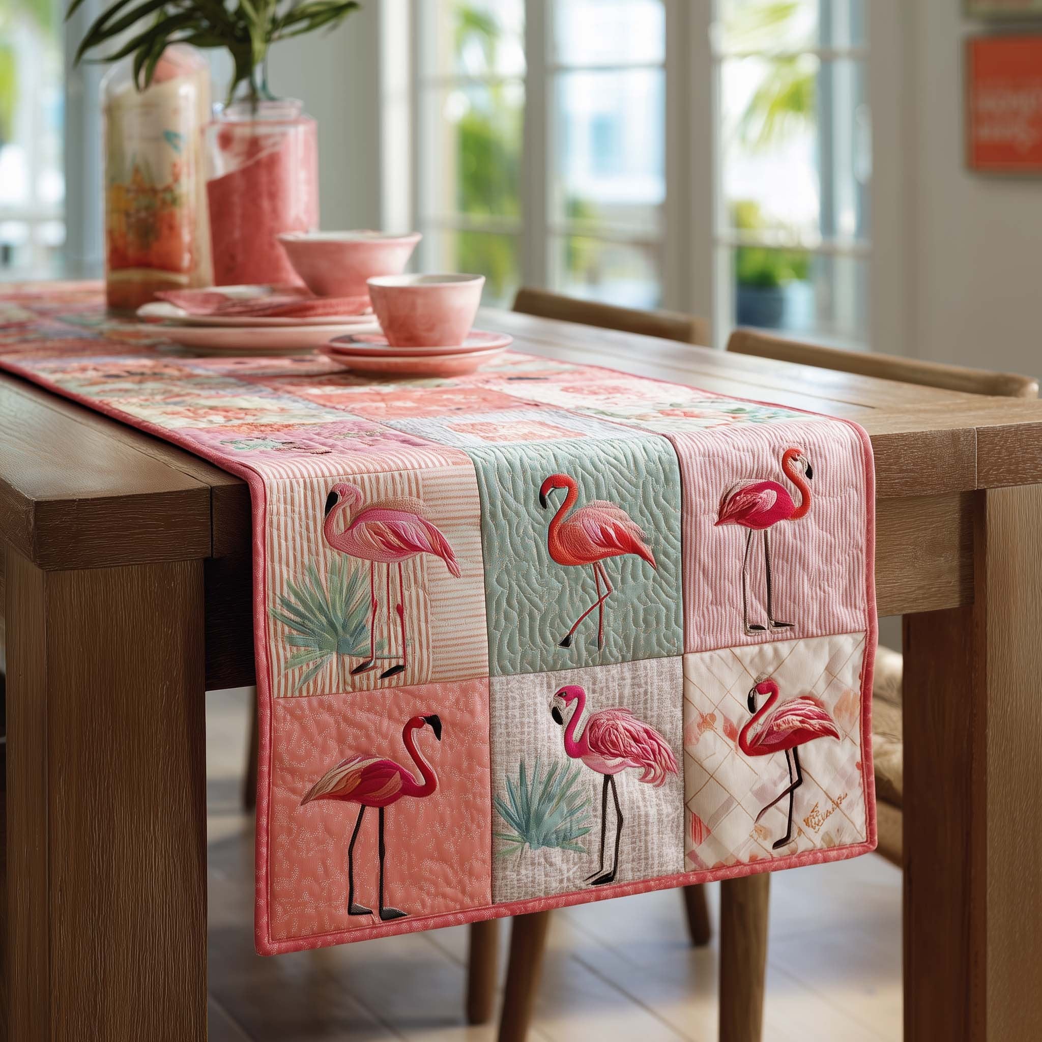 Flamingos on Pale Pink Blocks Table Runner