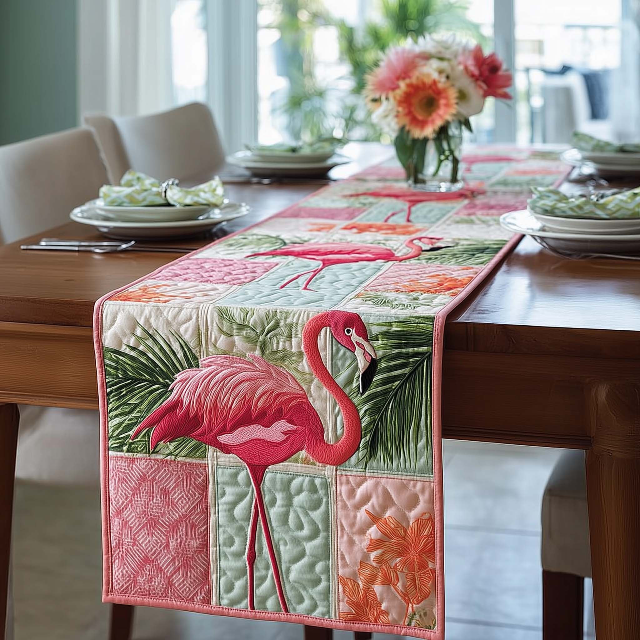 Flamingo Among Tropical Leaves Table Runner