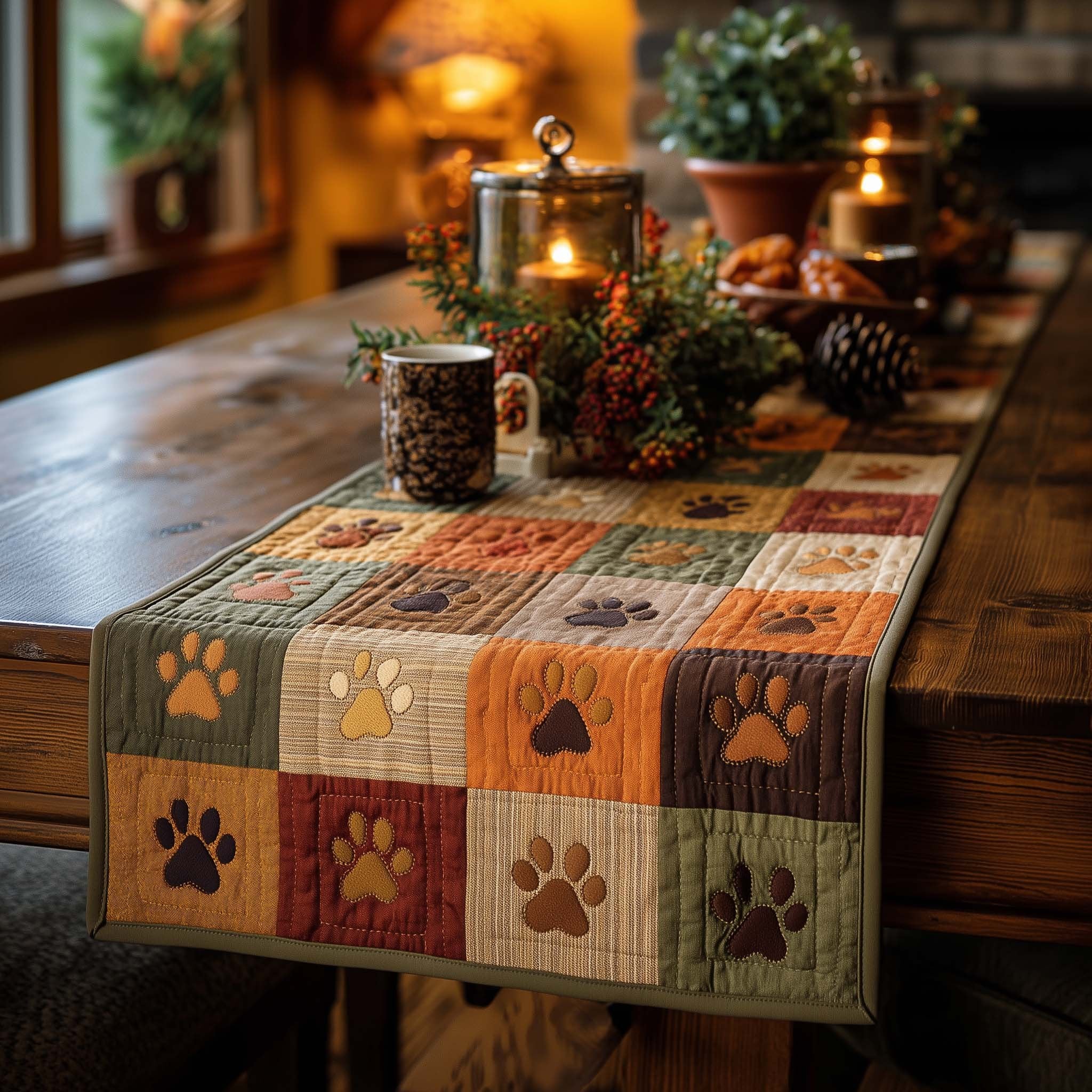 Paw Prints in Warm Toned Blocks Table Runner