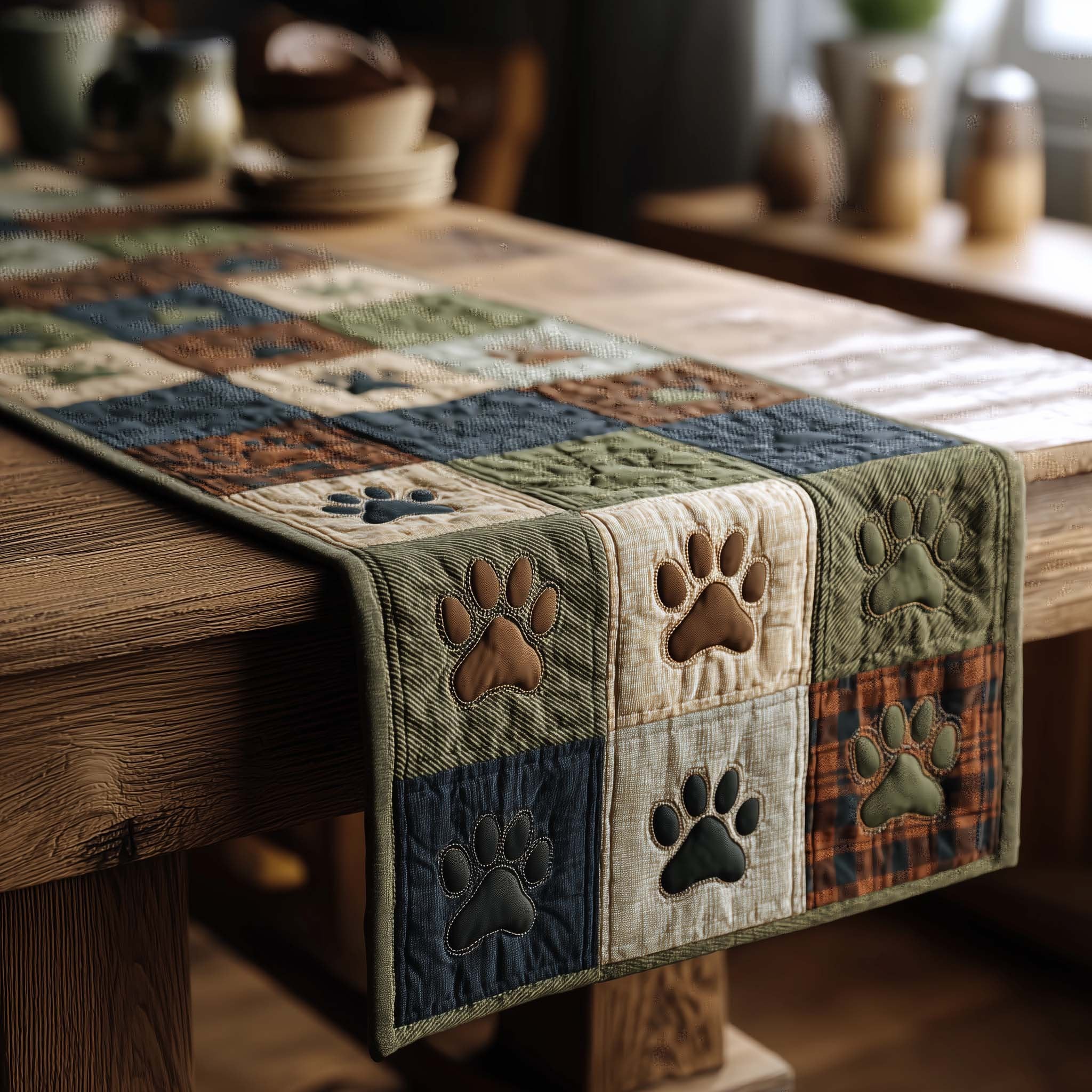 Paw Prints in Green and Plaid Table Runner