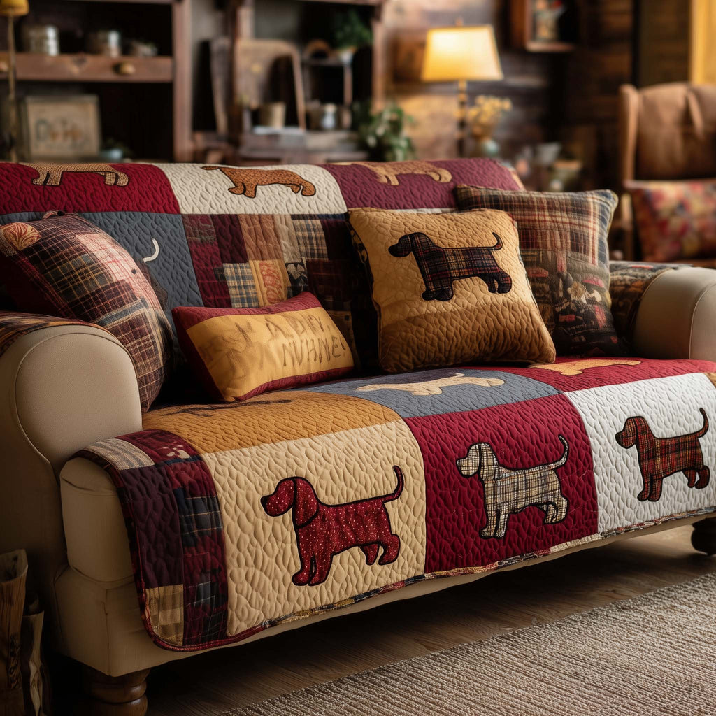 Terrier Silhouettes in Golden Plaid Blocks Sofa Cover