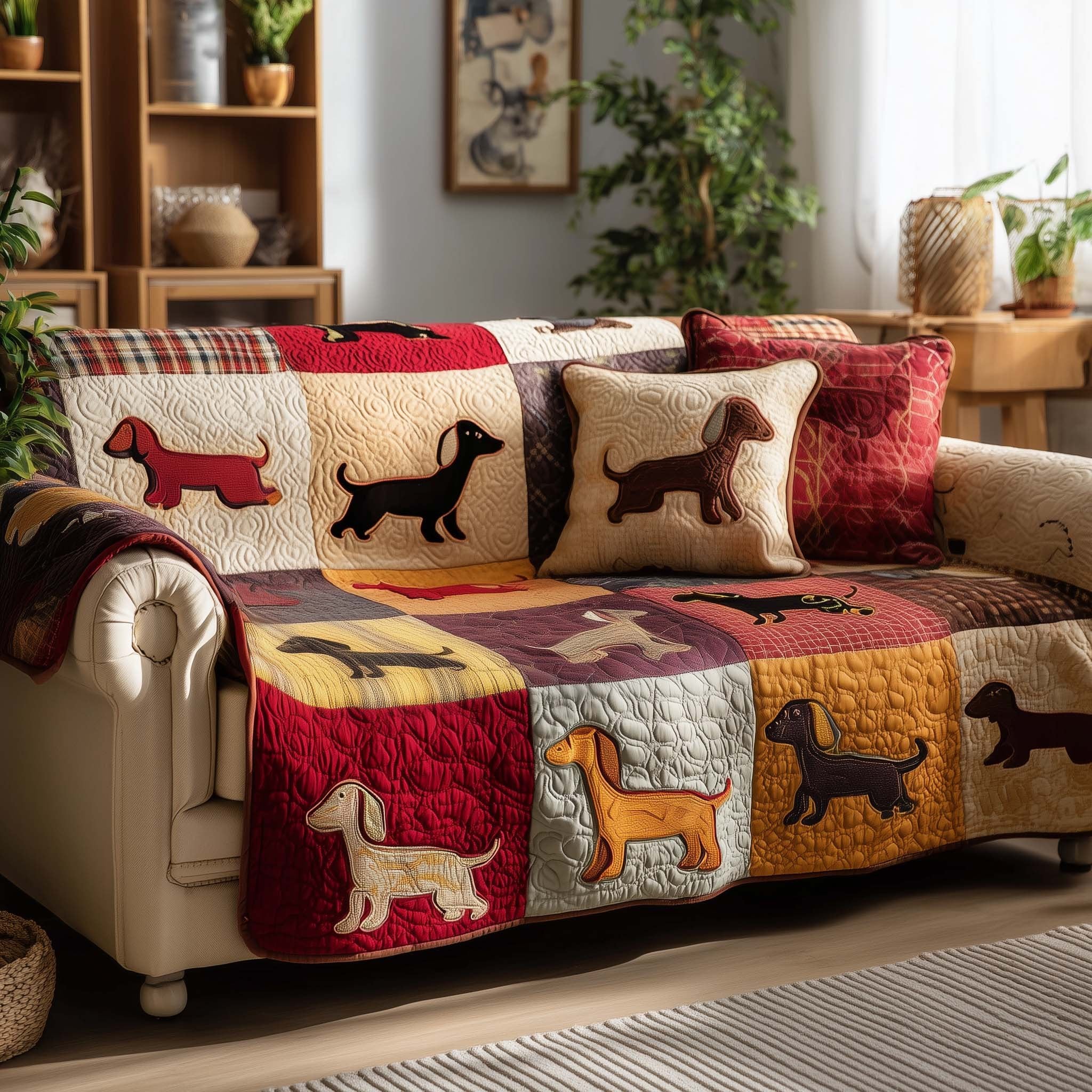 Dog Silhouettes on Red and Cream Squares Sofa Cover