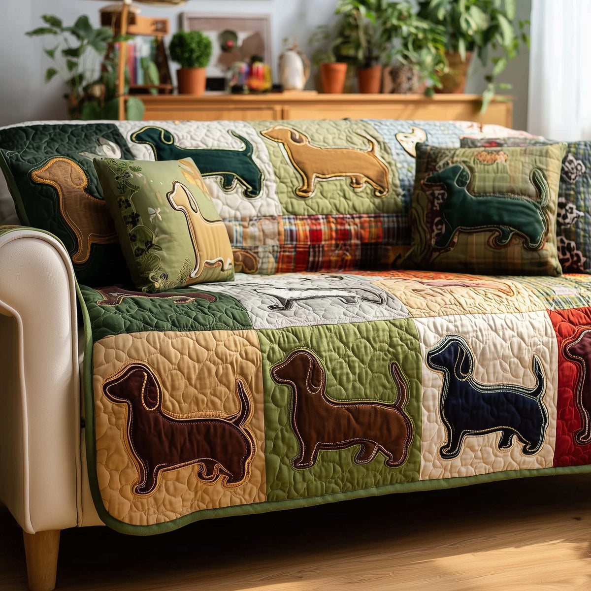 Dachshunds Across the Plaid Patchwork Sofa Cover