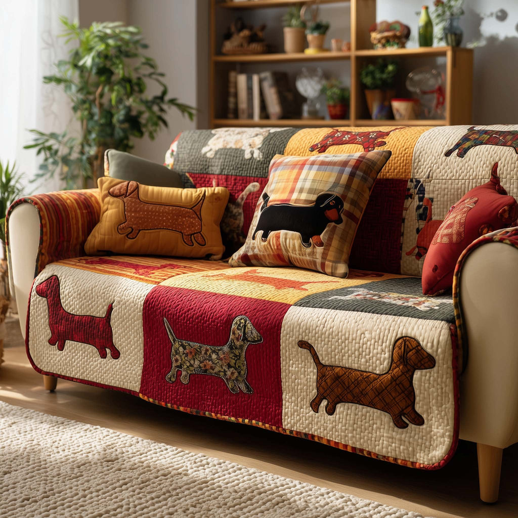 Dachshunds on Amber and Ruby Blocks Sofa Cover