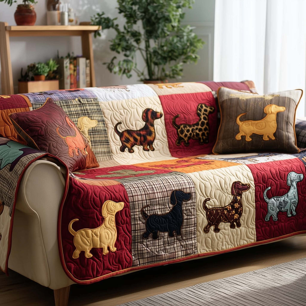 Dachshunds in Warm Red Patchwork Sofa Cover