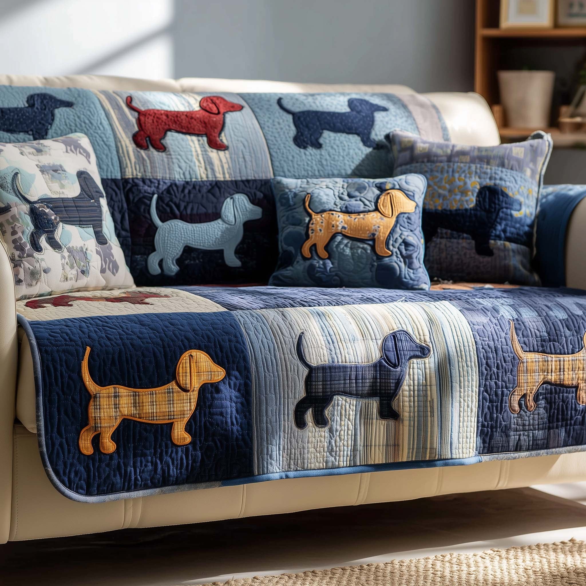 Dachshunds on Navy and Pale Blue Sofa Cover
