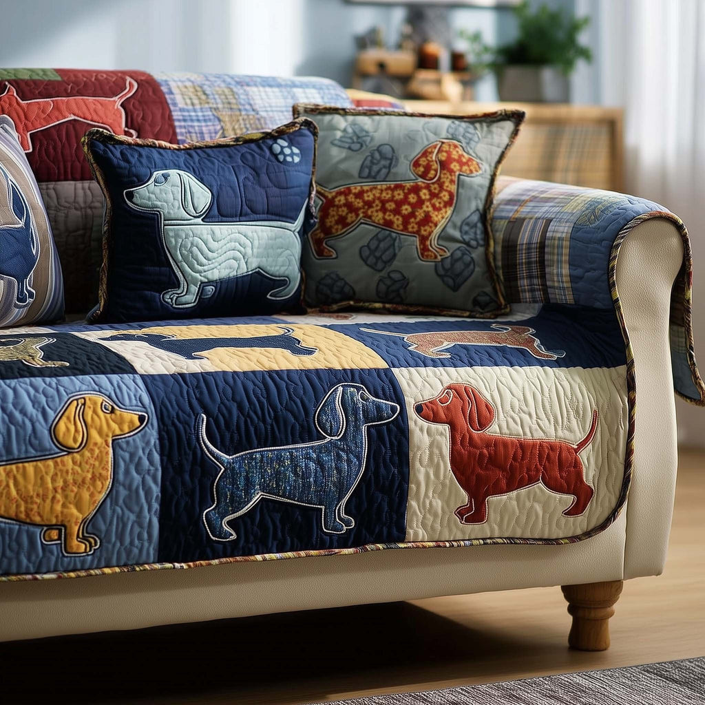 Dachshunds on the Denim Blue Quilt Sofa Cover
