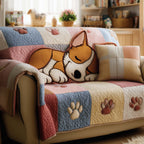 Sleeping Corgi Above Grey Paw Prints Sofa Cover