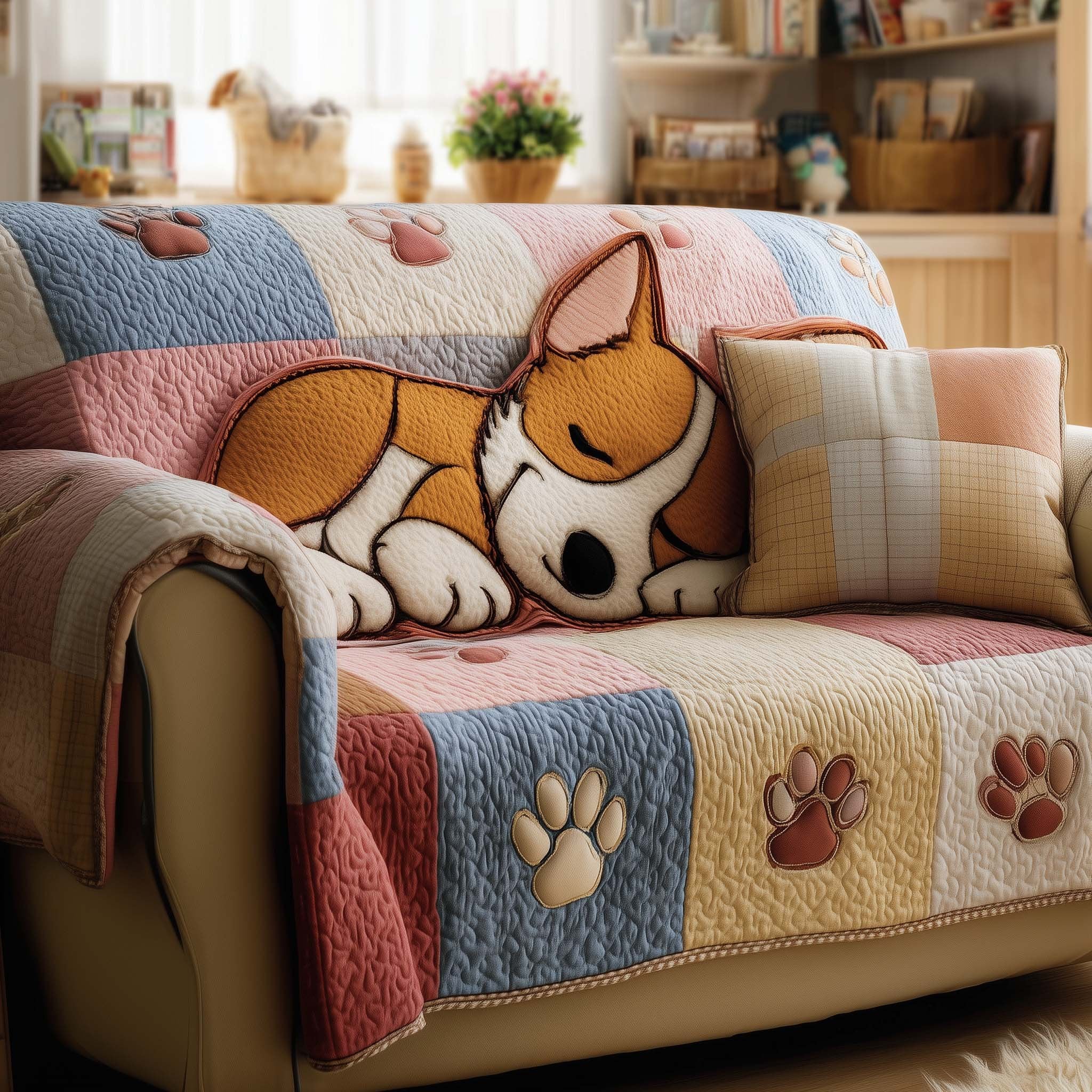 Sleeping Corgi Above Grey Paw Prints Sofa Cover