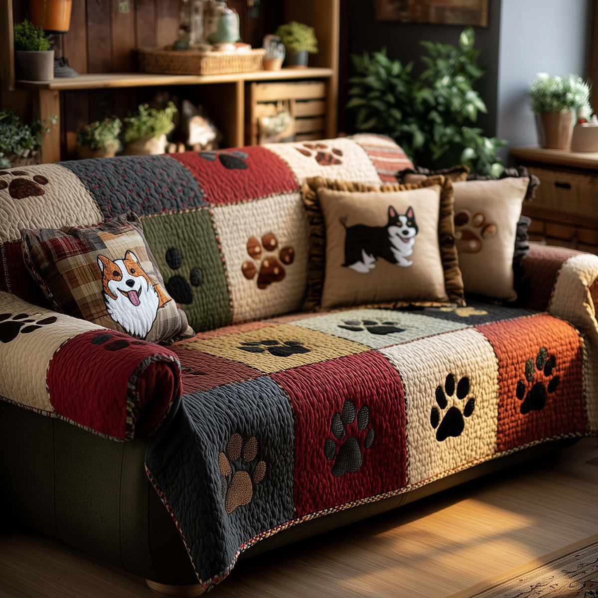 Corgi Blocks in Red and Olive Patchwork Sofa Cover