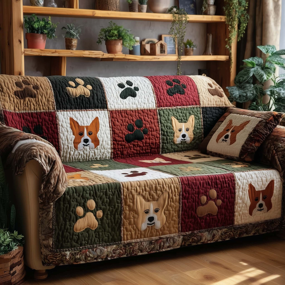Corgi Faces and Paws in Forest Green Sofa Cover