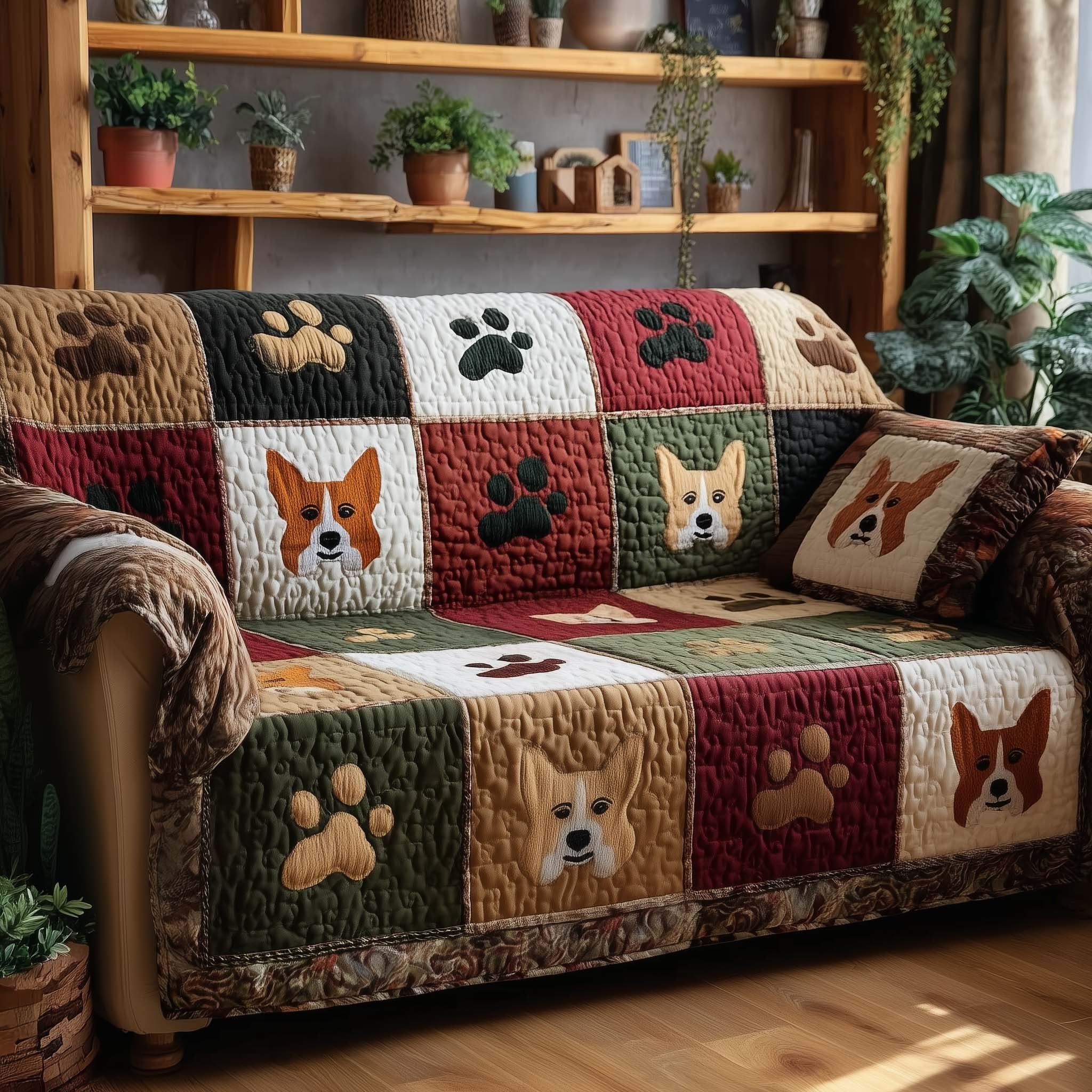 Corgi Faces and Paws in Forest Green Sofa Cover