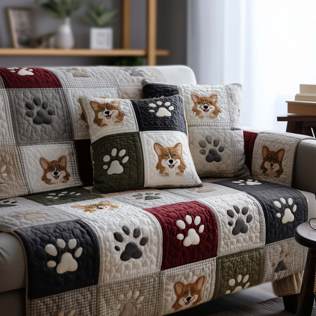 Corgi Squares on Charcoal and Grey Sofa Cover