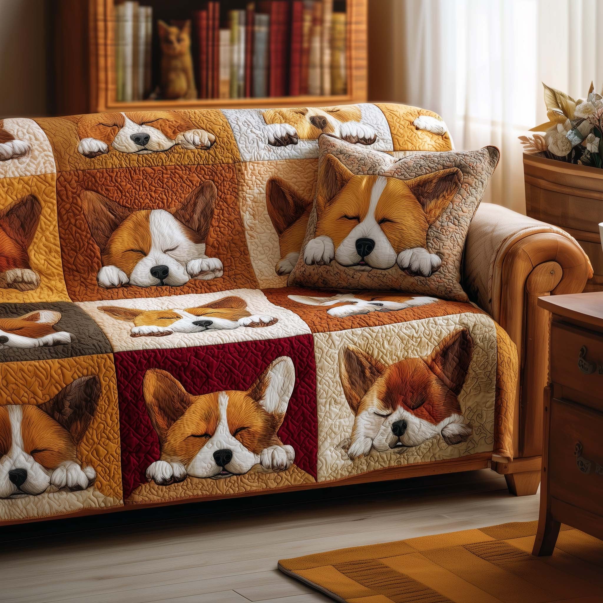 Napping Corgis on Amber and Crimson Sofa Cover