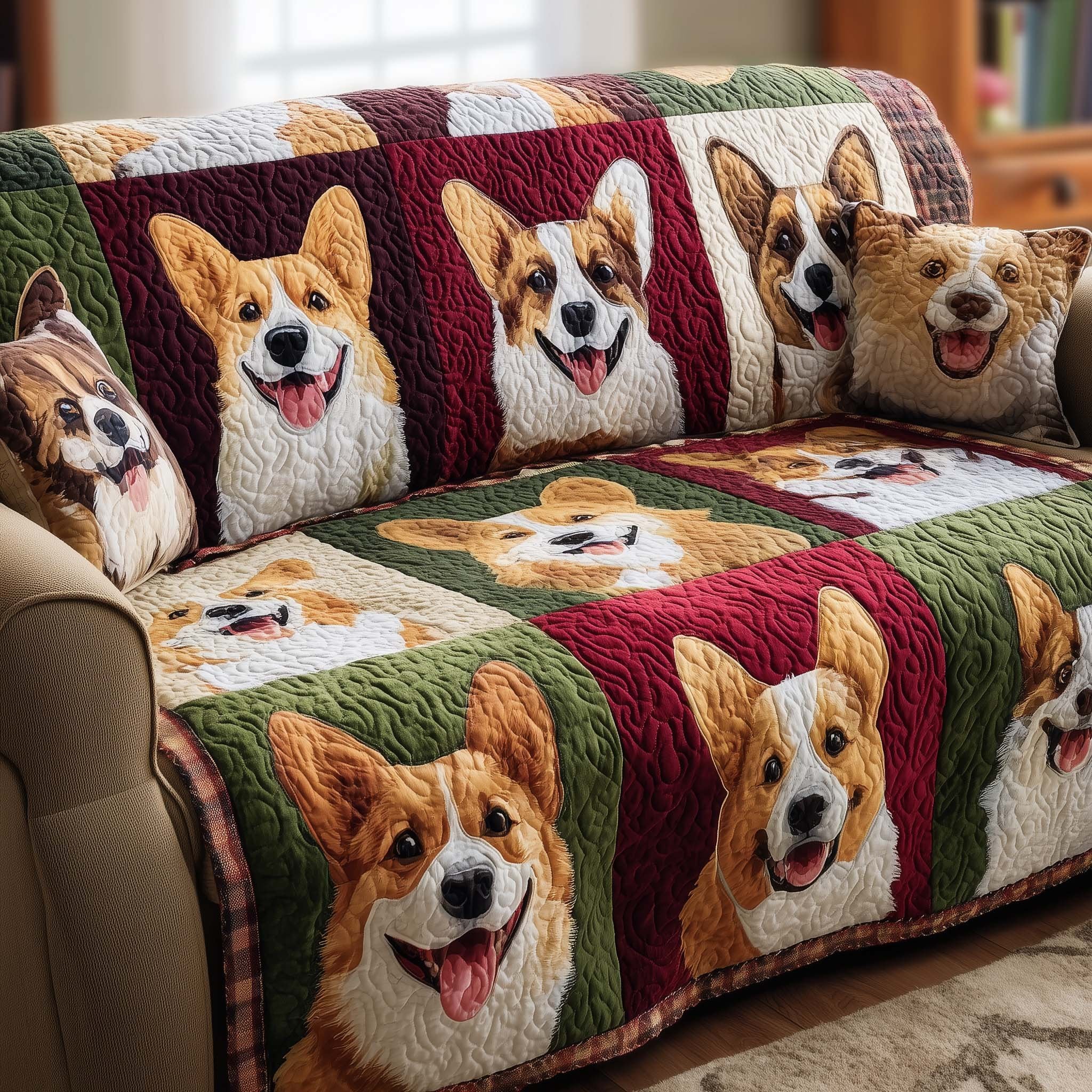 Smiling Corgi Faces on Green and Red Sofa Cover