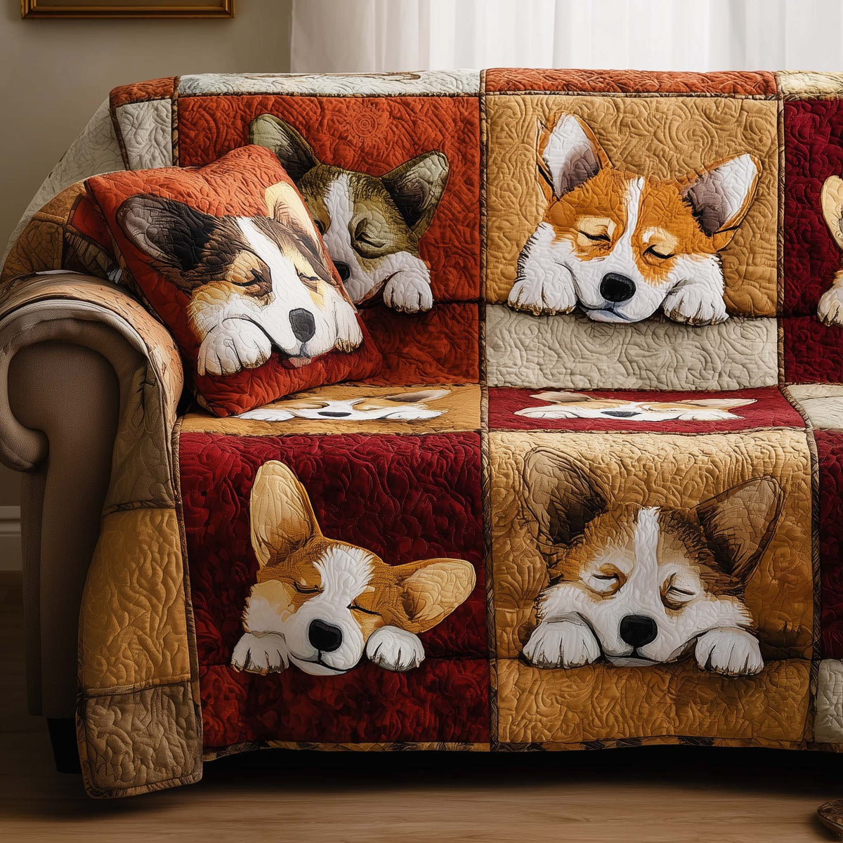 Drowsy Corgis in Rust Colored Squares Sofa Cover