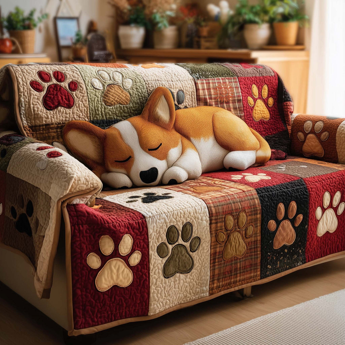 Sleeping Corgi Above the Paw Print Band Sofa Cover