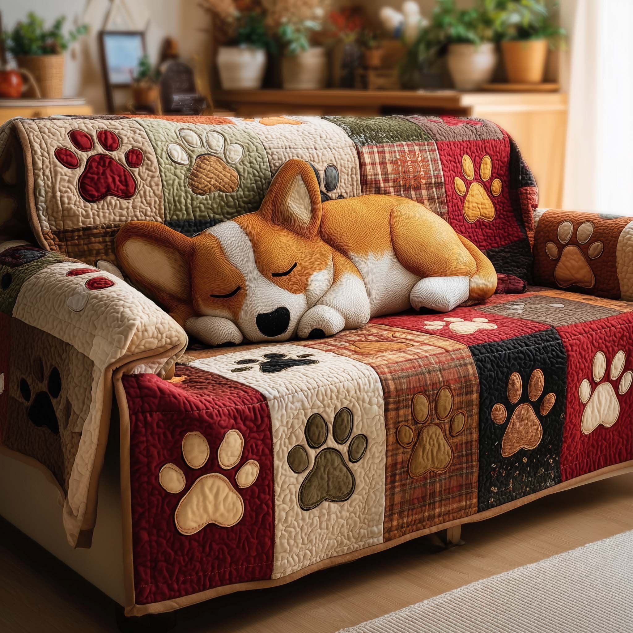 Sleeping Corgi Above the Paw Print Band Sofa Cover