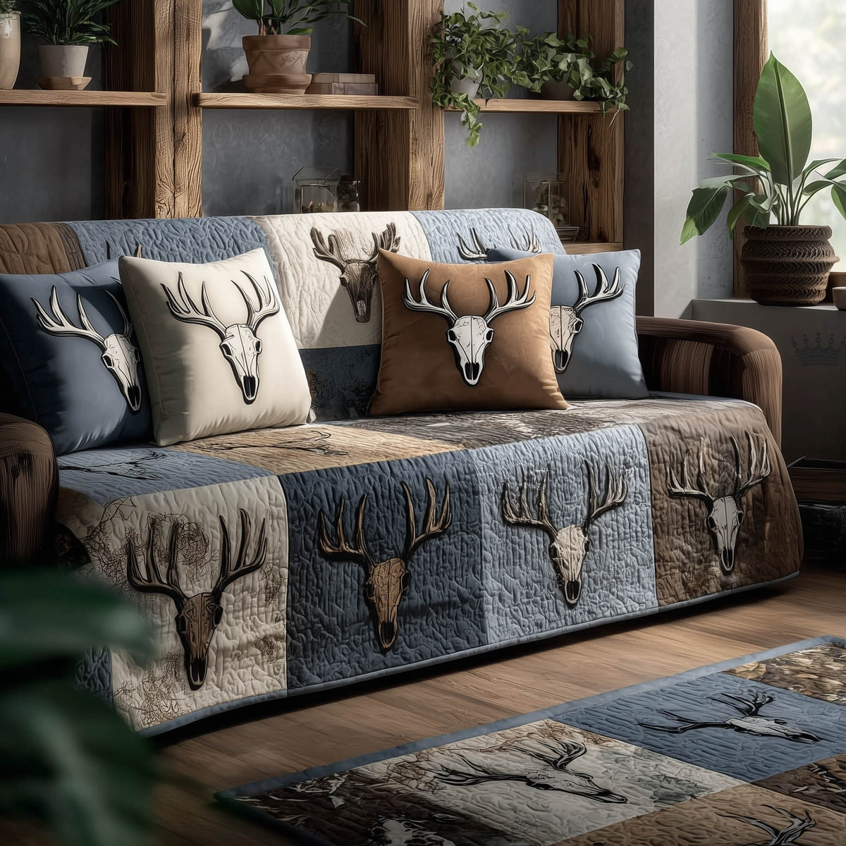 Deer Skulls on Slate Blue Patchwork Sofa Cover