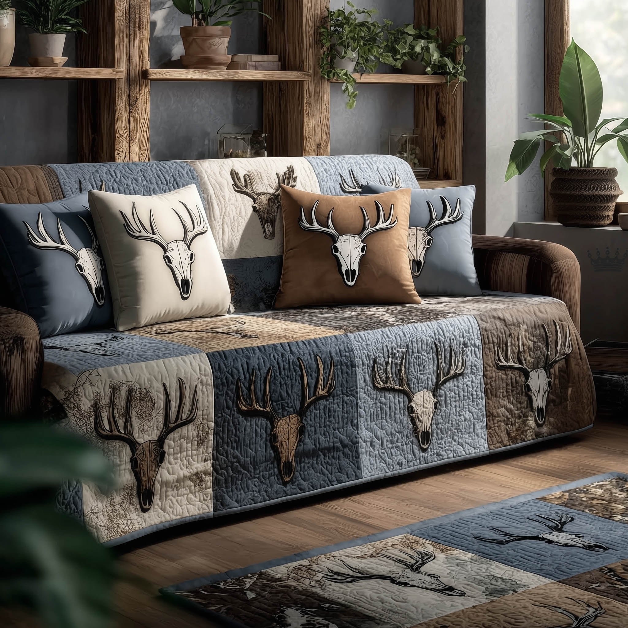 Deer Skulls on Slate Blue Patchwork Sofa Cover