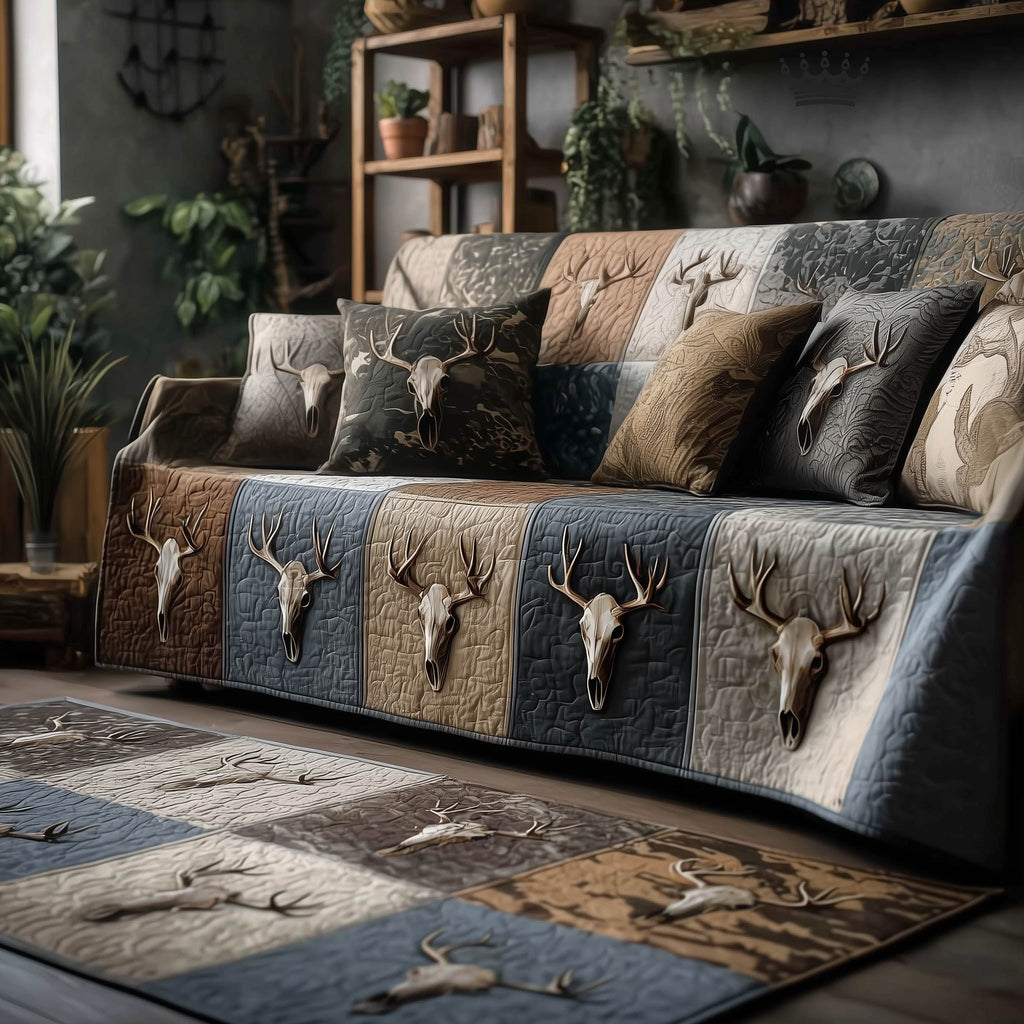 Deer Skulls Across Grey Camo Blocks Sofa Cover