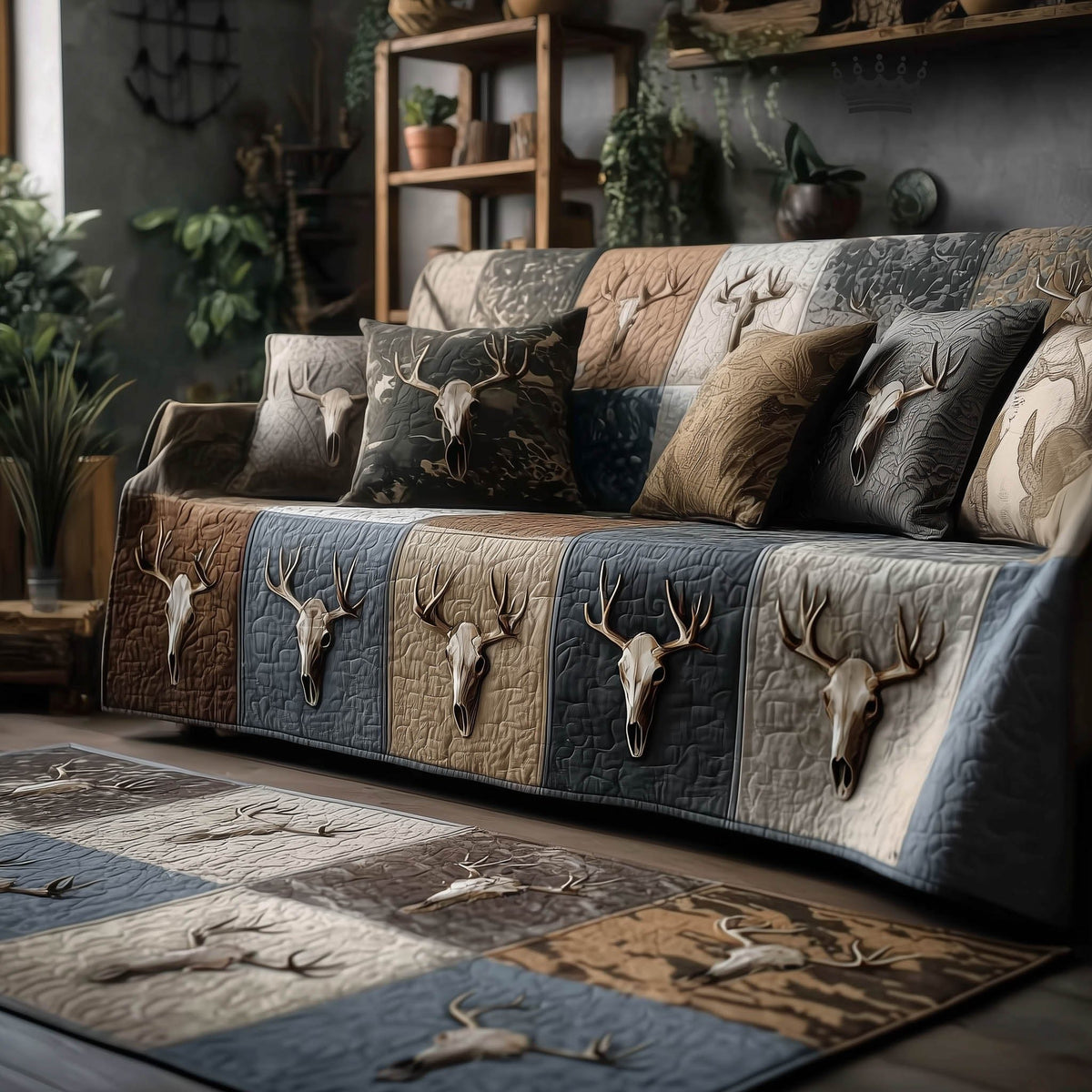 Deer Skulls Across Grey Camo Blocks Sofa Cover