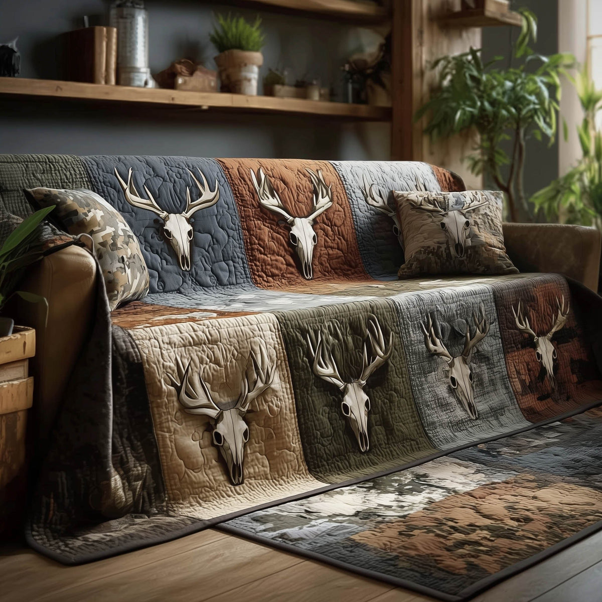 Deer Skulls on Brown Woodland Camo Sofa Cover