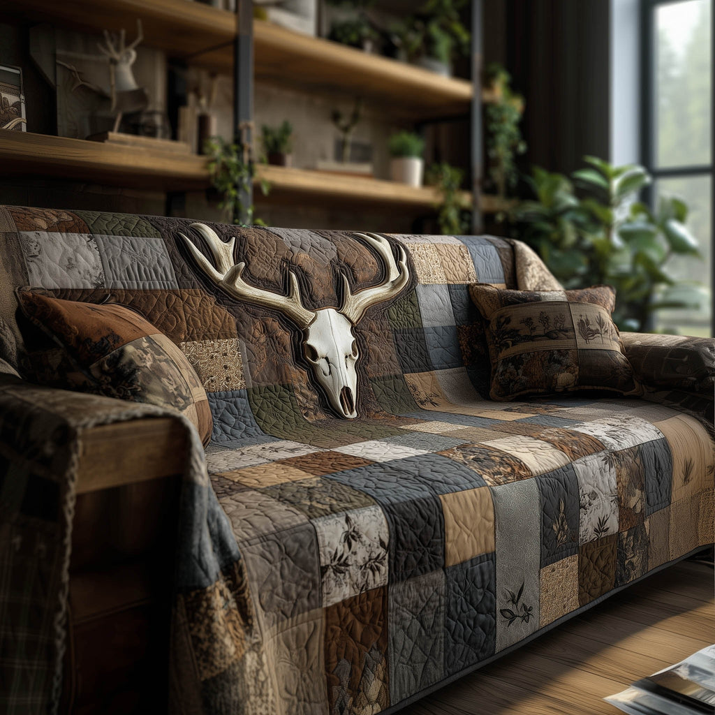 Deer Skull on Tan and Grey Checkerboard Sofa Cover